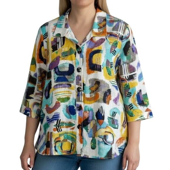Ali Miles Tops - Ali Miles Plus Size 1X LINEN BLEND Abstract Blouse Shirt Top Wearable Art Artsy